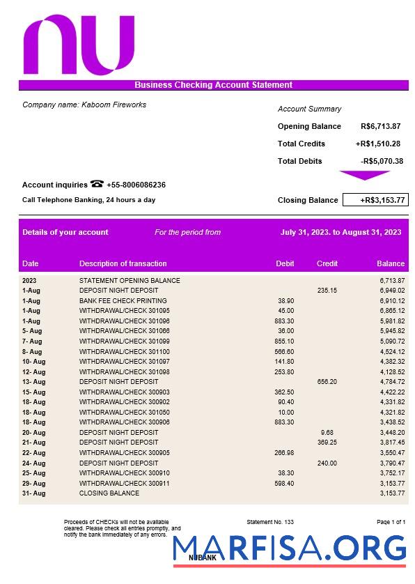 Blank Nubank corporate checking account statement Word and PDF template